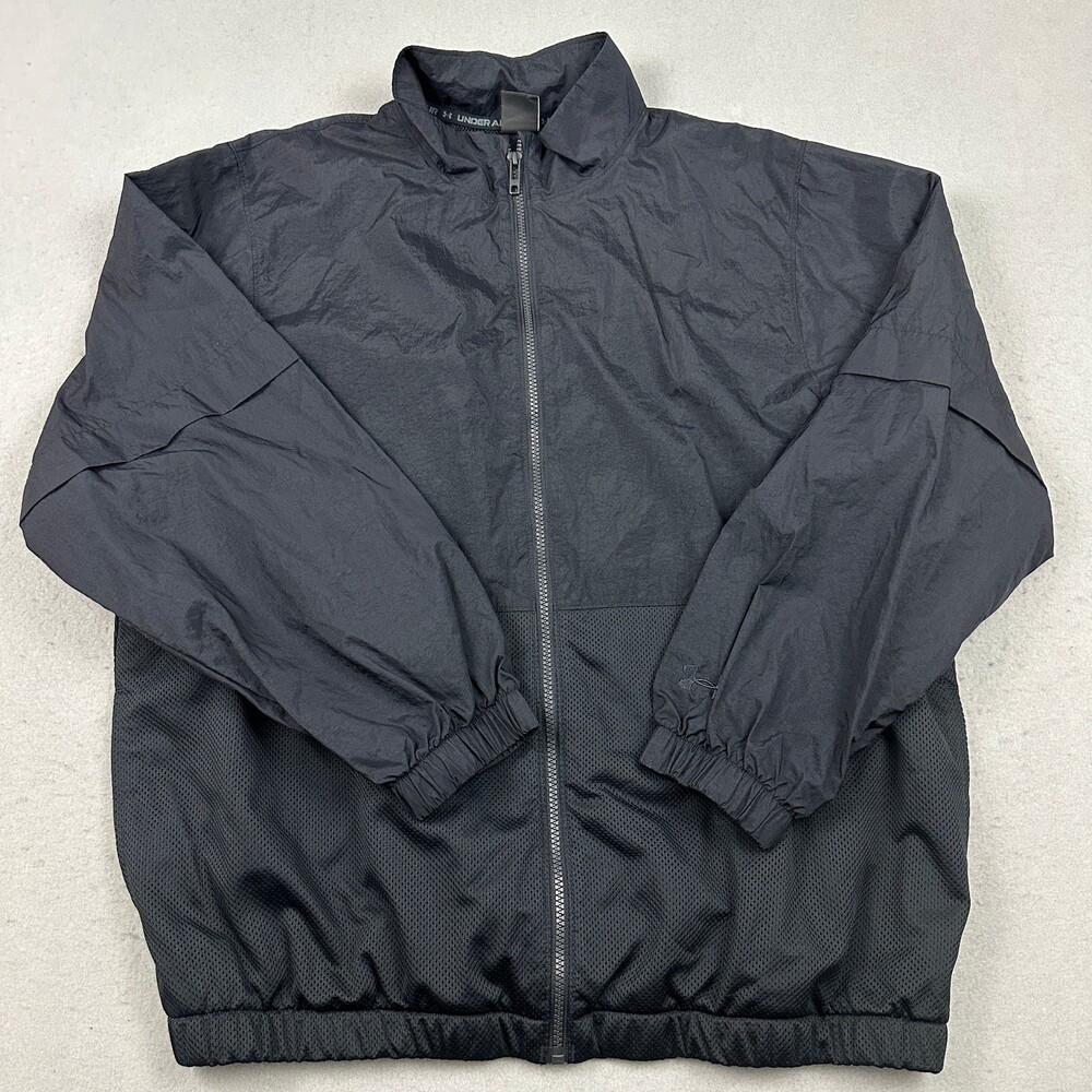 Under Armour Track Jacket Men Large Black Full Zip Big Logo Windbreaker Mesh UA